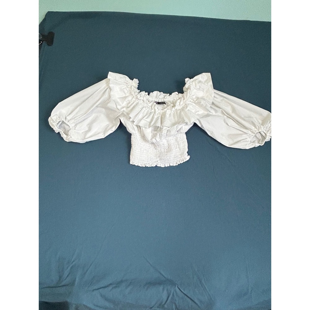 Zara White Cotton Ruffle Off Shoulder Puff Sleeve Smocked Crop Top Large